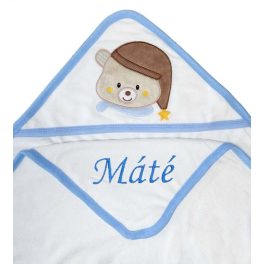   Neves kapucnis törölköző-Hálósapkás maci-kék szegéllyel