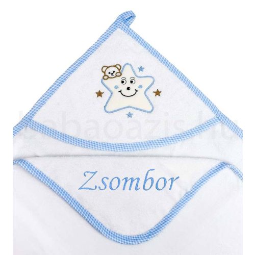Neves kapucnis törölköző-Csillag macival-kék