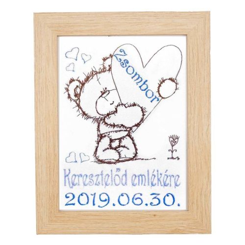 Egyedi hímzett kép keresztelőre-macis-barna 2