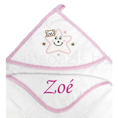 Neves kapucnis törölköző-Csillag macival-rózsaszín