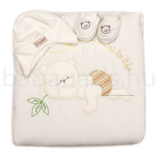 Bebessi vastag plüss kocsitakaró szett, kocsizsák-macis, ekrü