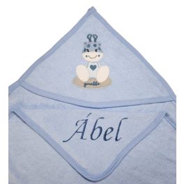 Neves kapucnis törölköző-Bébi zsiráf-kék