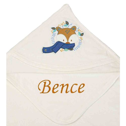 Neves kapucnis törölköző-Róka-sötétkék sállal